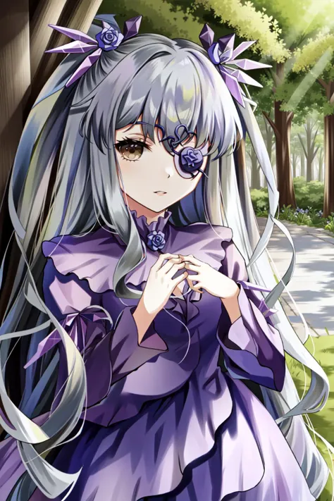 anime girl with long gray hair and purple dress standing in the woods