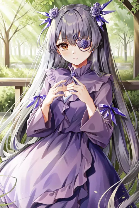 anime girl with long hair and purple dress standing in a park