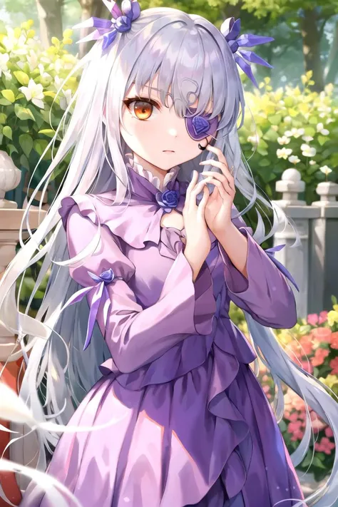 anime girl with long white hair and purple dress standing in front of a fence