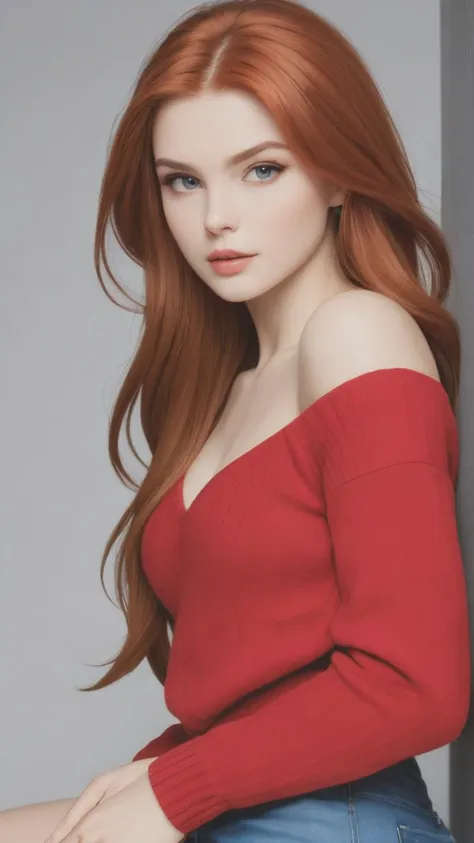 a woman with long red hair and a red top posing for a picture