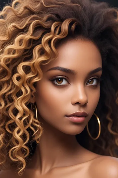 a woman with curly hair and hoop earrings