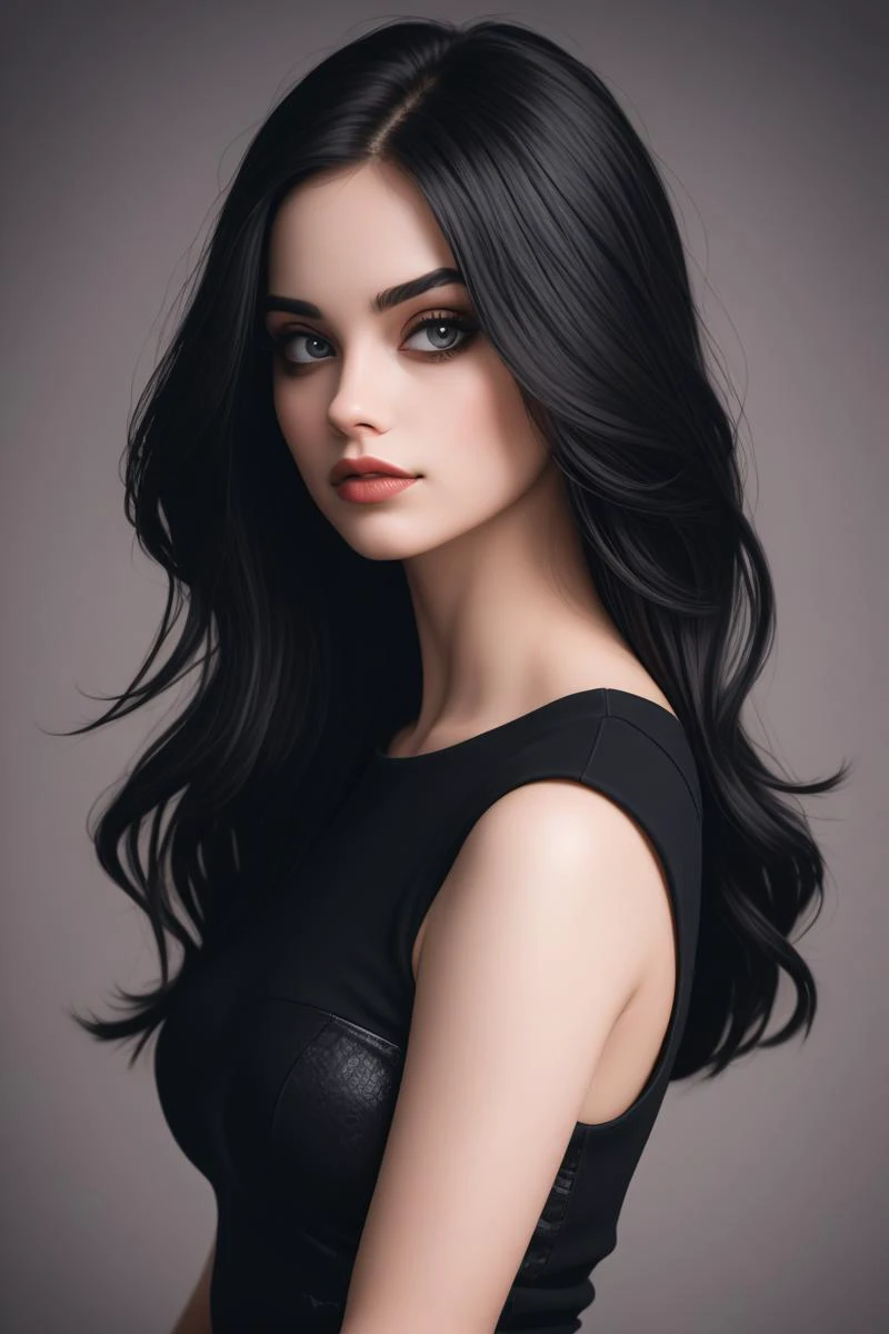 a woman with long black hair and a black dress