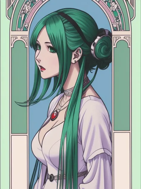 (art nouveau:1.2), 1950s suburbia, glow in the dark, anime, fearful, Dota style, beautiful, 
1girl, wearing medical appliance technician outfits, (pale green hair, layered hair:1.36), Various postures, giggling, cleavage, 
  from side , in the (artifact:1....