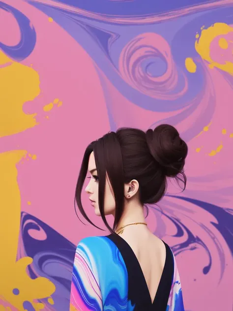 (acrylic marbling art:1.2), minimalism, refraction, digital collage, fearful, Dota style, elegant, 
1girl, wearing fire dispatcher outfits, (golden hour hair, messy bun hair:1.36), Various postures, evil, petite, 
  from behind , in the (stadium:1.4), 
zbr...