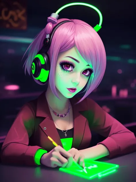 (cyberpunked:1.2), cyberdelic, neon, pixel art, horror, Dota style, high contrast, 
1girl, wearing electro-mechanical technician outfits, (fluo colors hair, upstyle hair:1.36), Various postures, blank eyes, sagging breasts, 
  from below , in the (hostess ...