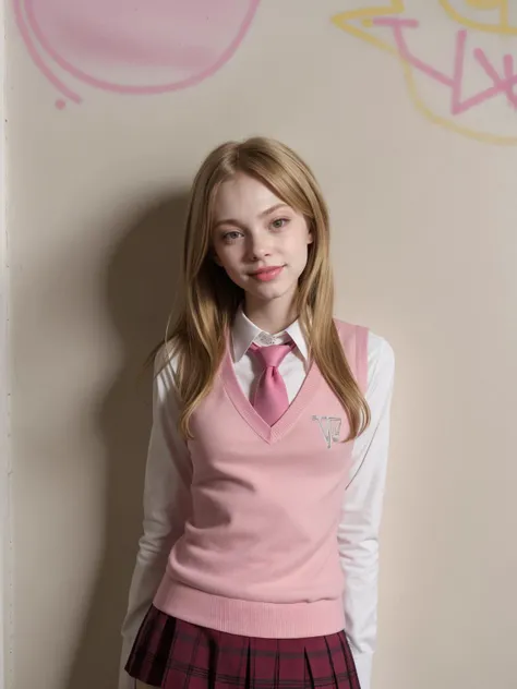 TrualityCampus_Bambi,  gorgeous, cute smile, perfect straight blonde hair, school uniform, necktie, pink vest, sweater vest, collared shirt, long sleeves, pleated skirt, perfect teeth, pantyhose, lean against the wall, backstreet, (graffiti on the wall) <l...