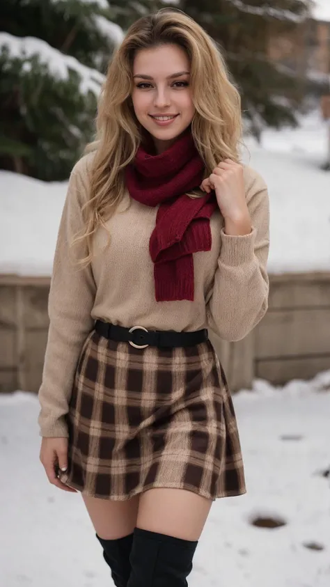 epiCPhoto, ShurjokaTI, <lora:Shurjoka:0.95>, blonde_hair, long_hair, wavy_hair, brown_eyes,
shy_smile, knit_dress_shirt, checkered skirt, red scarf, snow heeled boot,
<lora:breastsizeslideroffset:0.4>, <lora:microwaistV05:0.3>