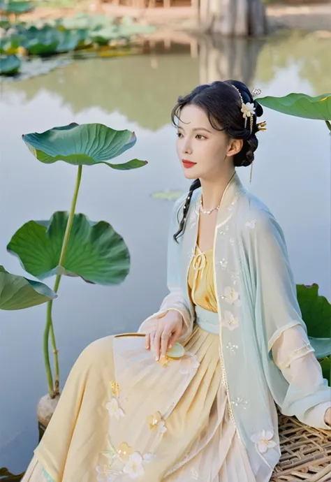 a woman in hanfu with intricate hair accessories, sitting near a pond with large lotus leaves, wearing a translucent dress with floral patterns, in an ethereal outdoor setting, (hanfu, song style outfits, blue short shan, yellow pleated skirt),<lora:hanfuS...