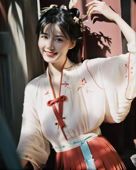 A cinematic upper body photograph of a female , she wearing hanfu of white short shan and red pleated skirt, shadows, black hair, dynamic scene, epic pose, highly detailed face, seductive smile, black eyes, wand, cinematic, fujifilm, intricate, detailed, r...