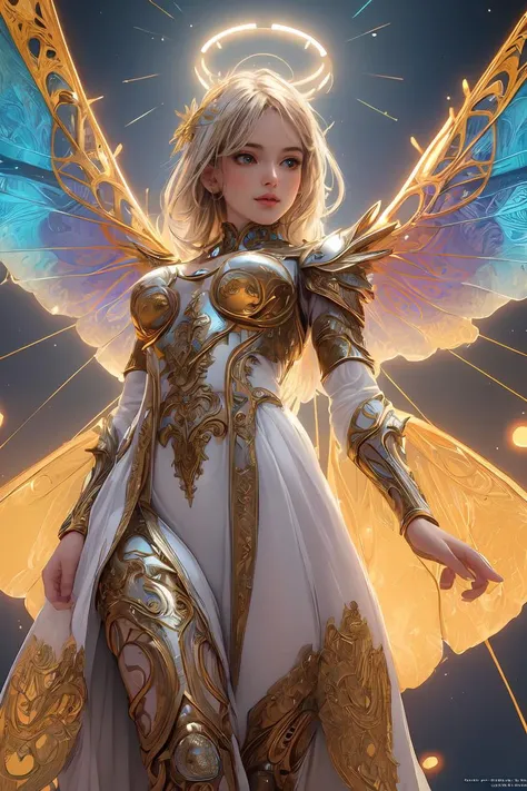 (best quality, masterpiece, colorful, dynamic angle, from below, highest detailed)upper body photo,full body photo,fashion photography of cute mechangel,glowing 4 wings,solo,glowing armor,glowing halo,building,glowing mechanical 4 wings (intricate details,...