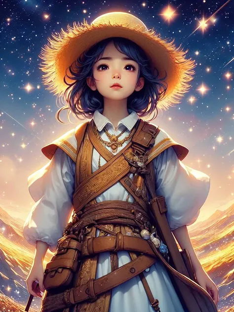 a character standing against a backdrop of a starry night sky with shooting stars. The character is wearing traditional attire,including a straw hat,and is carrying a quiver of arrows on their back. They are looking up at the sky,and the scene has an ether...