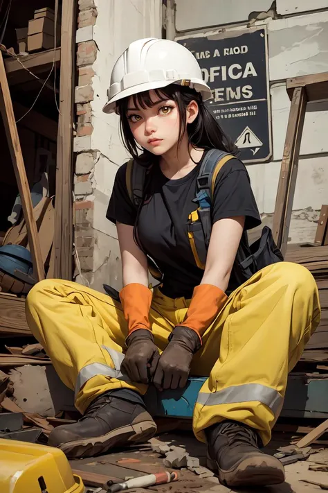 there is a woman sitting on the ground with a hard hat