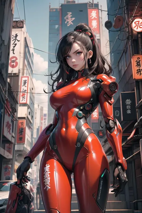 masterpiece,best quality,high quality, <lyco:GoodHands-beta2:1.0>,female, woman, cyberpunk scene, woman criminal, dangerous (yakuza:1.2) enforcer wearing red mecha bodysuit armor, neon red sun, bule sky, <lora:MG_jixie:0.7>,<lora:more_details:0.3>