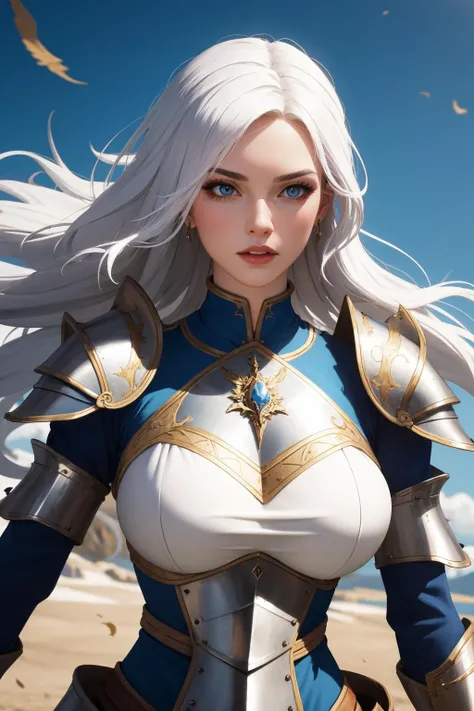 a petite woman with big bust wearing intricate medieval armor, fantasy theme, white hair flowing in the wind, dynamic pose, best quality, masterpiece, highres, extremely detailed, sharp focus, cinematic lighting, vibrant colors