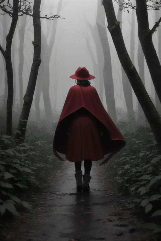 1girl, walking alone through a dark forest, gloomy lighting, red cape, red hat, basket in hand, forest, walking away, back turned