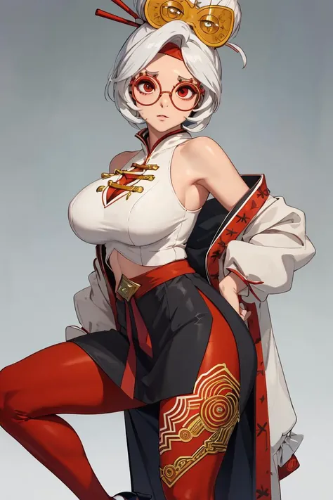 (masterpiece, best quality, ultra detailed), ultra realistic, half body, younger,cool & sexy (idolmaster), <lora:aiBeautyIthlinni_ithlinniV1:0.4>, huge breasts, 1girl, purah, red glasses, hair ornament, hair stick, red headband, white shirt, bare shoulders...