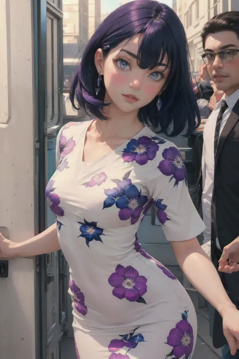 , (masterpiece, best quality:1.3), (highres, realistic, sharp focus:1.1), 1girl, medium hair, hime cut, dark violet-blue hair, small breasts, slender body, [BREAK] 
,  <lora:Floral_1shoulder_Dress_By_Stable_Yogi:0.8> white floral print dress,  <lora:w<w[S:...