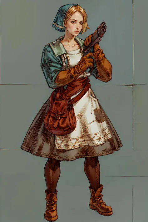 a drawing of a woman in a dress holding a gun