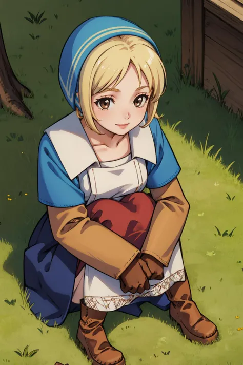 masterpiece, best quality,  <lora:FinalFantasy_FemaleChemist:0.9> ChemistFFT, short hair, blonde hair, brown eyes, blue head scarf, blue dress, long sleeves, apron, gloves, boots, sitting, on ground, hugging own knees, smile, from above