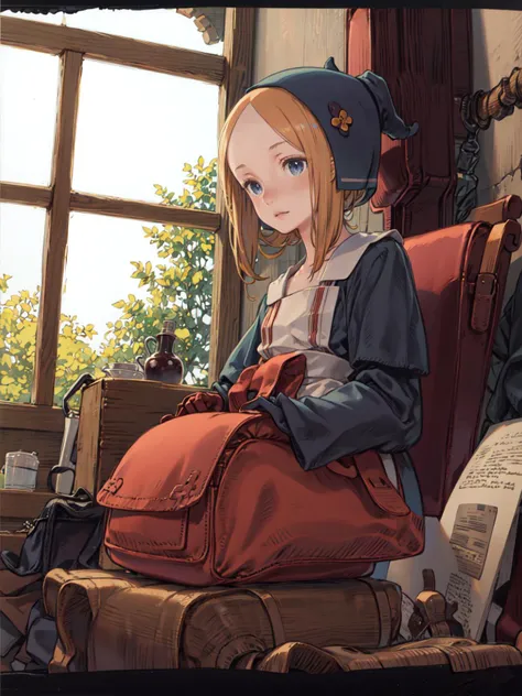 anime screencap, 1girl, Abigail Williams, Long Hair, blonde hair, blue eyes, forehead,  ChemistFFT, blue knitted hat, blue dress, long sleeves, apron, bag, gloves, boots, sitting, indoors, witch shack <lora:FinalFantasy_FemaleChemist:1> <lora:kuroboshi_kou...