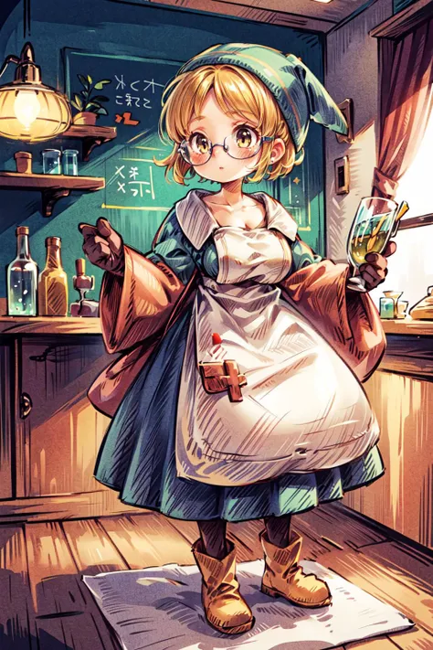 <lora:FinalFantasy_FemaleChemist:0.86>, ((ChemistFFT, short hair, blonde hair, brown eyes, blue head scarf, blue dress, long sleeves, apron, bag, gloves, boots,)):1.22,
BREAK((1woman, adorable, cute , clear face, solo), (full body:1.35), ((a woman wearing ...