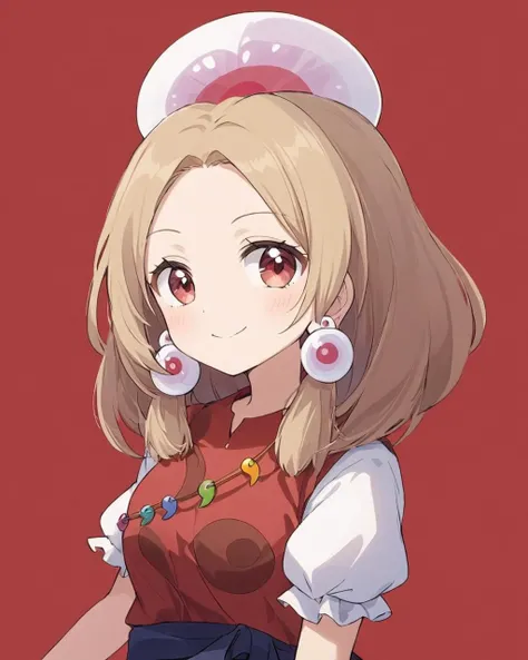 tamatsukuri misumaru,1girl, solo, red_background, simple_background, yin_yang_orb, red_vest, magatama, puffy_short_sleeves, earrings, white_shirt, red_shirt, skirt, head_out_of_frame, smile
<lora:tamatsukuri_misumaru_image215_2023-12-20:1>,star-shaped_pupi...