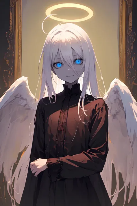 a woman with white hair and angel wings standing in front of a mirror