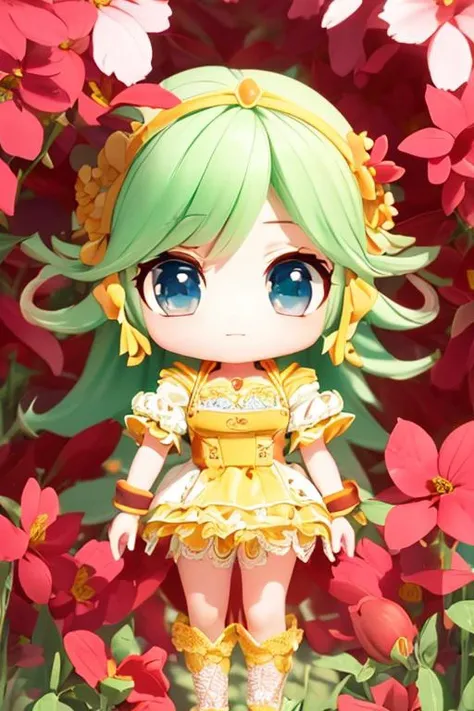 (Best Quality:1.4),Solo,(PhotoRealistic:1),( beautiful detailed eyes, symmetric eyes,),<lora:misakinakamura:0.3>Long hair,Bangs,rfdrss,Bracelets,Lace Trimmed,Short Sleeves,Short Dress,SunShine,Flowers,Thigh,Breasts,
full body,chibi,,<lora:blindbox_V1:0.7>,