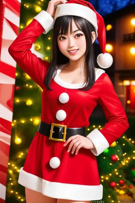 1girl, 17 years old (santa claus costume, red long sleeves:1.5) (cute,sweet,smile,bare face,big eyes, black hair, straight hair, open mouth:1.4) short tall, cowboy shot (dynamic pose,dynamic angle:1.2) BREAK (night, christmas town:1.4) [japanese, japanese ...