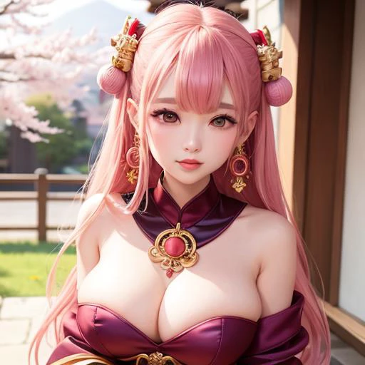 1girl, (ulzzang-6500:0.7), kpop idol, yae miko, detached sleeves, bare shoulders, pink hair, long hair, japanese clothes, best quality, (painting:1.5), (hair ornament:1.35), jewelry, purple eyes, earrings, breasts, torii, cherry blossoms, lantern light, de...