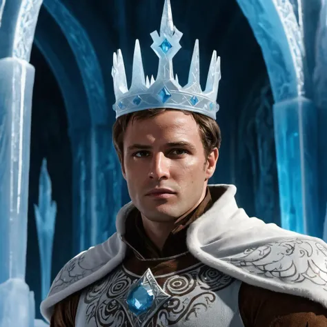 concept art close-up photo of m4r10n a man, as an ice king, wearing a highly detailed ice king outfit, short brown hair, at an ice castle, looking directly at viewer, <lora:Marlon_Brando:.9> . digital artwork, illustrative, painterly, matte painting, highl...