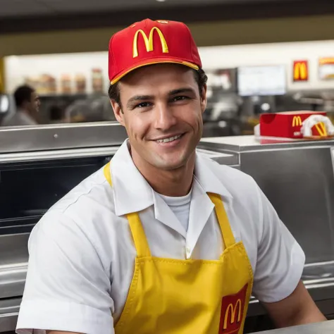 Hyperrealistic art close-up photo of m4r10n a man, wearing a mcdonalds worker outfit, behind a register at mcdonalds, smiling, <lora:Marlon_Brando:.9> . Extremely high-resolution details, photographic, realism pushed to extreme, fine texture, incredibly li...