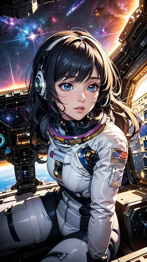 a woman in a space suit sitting on a spaceship looking at the camera