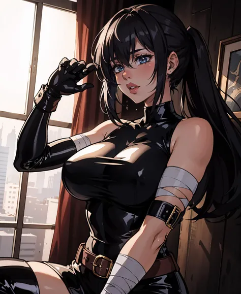 1girl, 1girl, bandages, belt, black gloves, black hair, boots,  gloves, solo,  dynamic pose, fantasy art, latex, reincarnation, silver lining 
masterpiece, best quality, anime screencap,   
 <lora:backlight_slider_v10:-1.5> <lora:Raiou_Style-000014:0.4> bi...