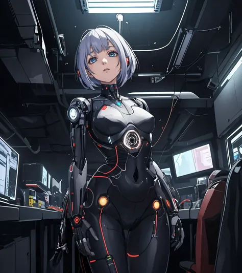 a android girl with a face full of wires and wires on its head and body, indoors, dark room,   cyborg, cyberpunk art, antipodeans, night, depth of field, from behind, 
masterpiece, best quality,