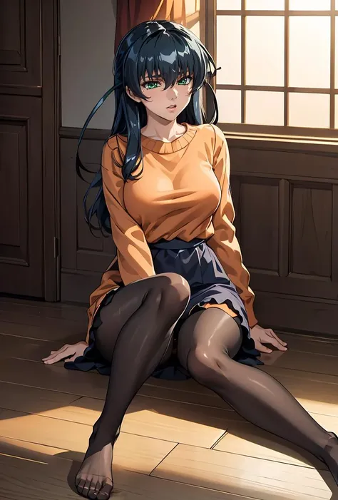 (masterpiece, best quality), 1girl,     <lora:IgawaAsagi:0.8> IgawaAsagi, 1girl, long hair, hair between eyes, black hair, blue hair, green eyes, orange sweater dress, pantyhose, no shoes, white blouse, frills,