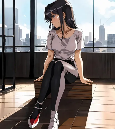 a woman in a white top and black pants is walking on a wooden floor with a city skyline in the background, Artgerm, sitting, iron bar
masterpiece, best quality, anime screencap,  <lora:Urushihara_satoshi_style_v01:1>