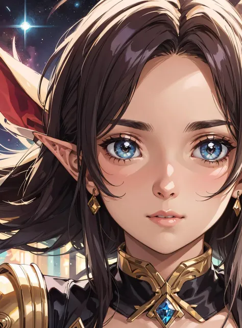 D&D style portrait, fantasy, digital art, close up of a Female Bloodelf, Universe background, illustration, close-up, detailed face