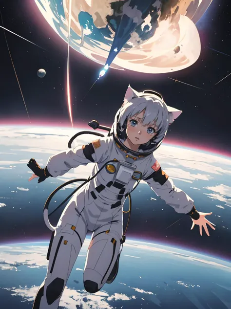 a cat girl astronaut exploring the cosmos, floating among planets and stars, high quality detail, ((intricate detail)), complex illustration, high contrast, intricate background detail
masterpiece, best quality,   ((anime screencap)), studio ghibli style,