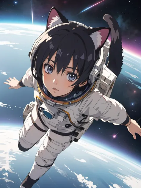 a cat girl astronaut exploring the cosmos, floating among planets and stars, high quality detail, ((intricate detail)), complex illustration, high contrast, intricate background detail
masterpiece, best quality,   ((anime screencap)), studio ghibli style,