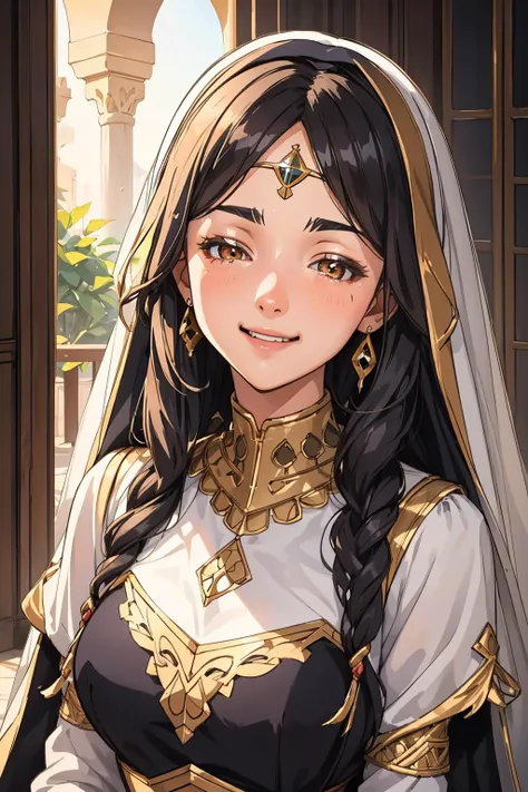 a portrait of a Middle Eastern woman, proud and empowered in her cultural identity, light smile,  peace sign, closed eyes, smile, 
best quality, masterpiece, intricate detail, high environment detail,  sketch,