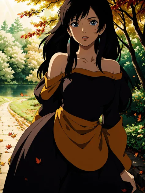 1girl, bare shoulders, black hair,  breasts, bush,depth of field, dress, earrings, , jewelry, lips, long hair, looking at viewer, nature, off-shoulder dress, off shoulder, outdoors, dappled sunlight, autumn, autumn leaves, lake, path, 
masterpiece, best qu...