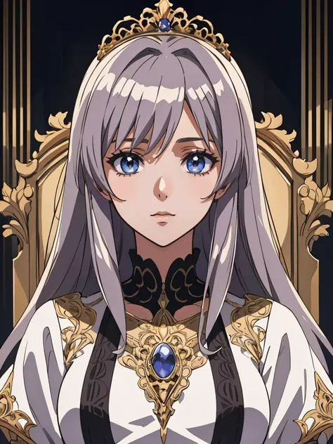 an elegant queen overseeing her realm from a majestic throne, radiating strength and regal authority, high quality detail, ((intricate detail)), complex illustration, high contrast, intricate background detail
masterpiece, best quality,  anime screencap,