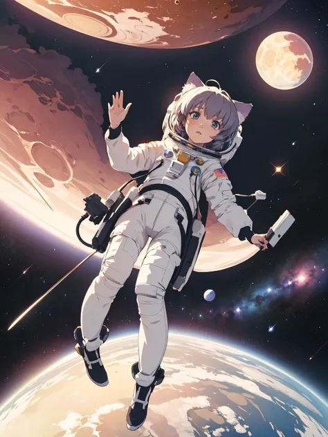 a cat girl astronaut exploring the cosmos, floating among planets and stars, high quality detail, ((intricate detail)), complex illustration, high contrast, intricate background detail
masterpiece, best quality,   ((anime screencap)), studio ghibli style,