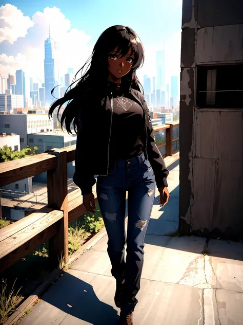 1girl, black hair, brown eyes, building, casual, chain-link fence, city, cityscape, dark-skinned female, dark skin, day, denim, fence,  jacket, jeans, long hair, long sleeves, official alternate costume, outdoors, pants, sky, skyscraper, tattoo
masterpiece...