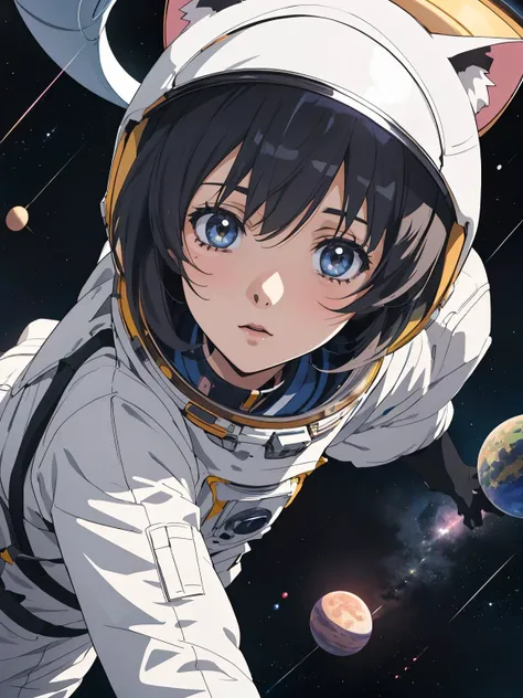 a cat girl astronaut exploring the cosmos, floating among planets and stars, high quality detail, ((intricate detail)), complex illustration, high contrast, intricate background detail
masterpiece, best quality,   ((anime screencap)), studio ghibli style,