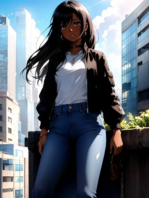 1girl, black hair, brown eyes, building, casual, chain-link fence, city, cityscape, dark-skinned female, dark skin, day, denim, fence,  jacket, jeans, long hair, long sleeves, official alternate costume, outdoors, pants, sky, skyscraper, neck tattoo
master...