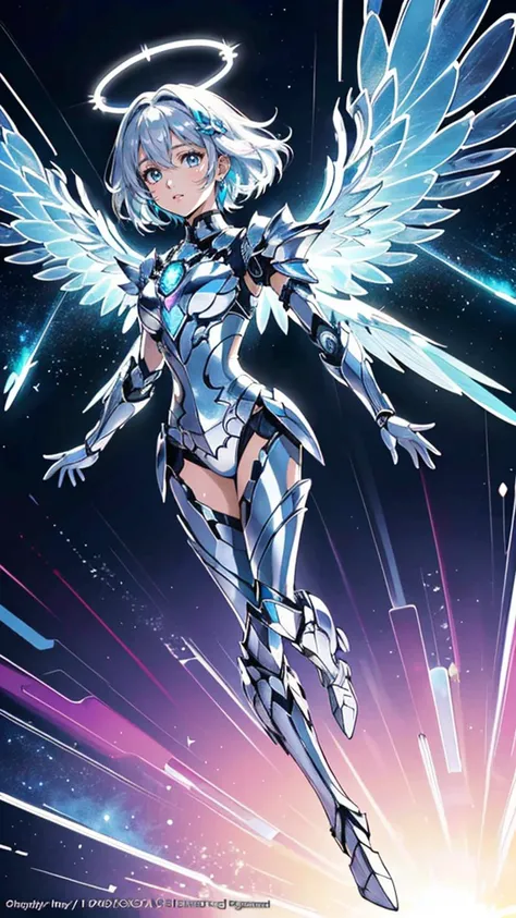 (best quality, masterpiece, colorful, dynamic angle, highest detailed)upper body photo, full body photo, fashion photography of cute mechangel, glowing 4 wings, solo, glowing armor, glowing halo, building, glowing mechanical 4 wings (intricate details, hyp...