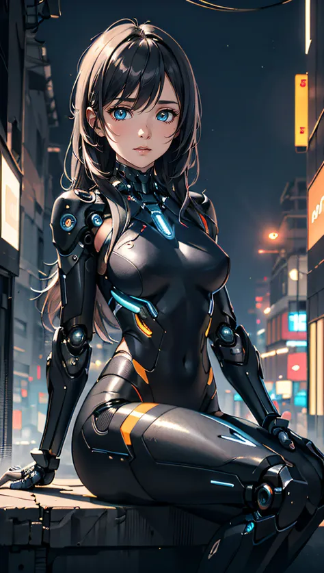 (best quality, masterpiece, colorful, dynamic angle, highest detailed)upper body photo, full body photo, fashion photography of cute 1girl, mechanical arms, cyborg, dark mood, dystopia, glowing, looking at viewer, sitting, long hair, bokeh (intricate detai...