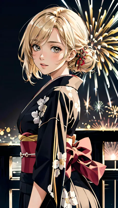 (best quality, masterpiece, colorful, dynamic angle, highest detailed) Realistic photo, fashion photography of a cute European girl with iridiscent blonde hair, flirting with POV, in traditional japanese gold&black kimono, ultra detailed kimono textures, p...